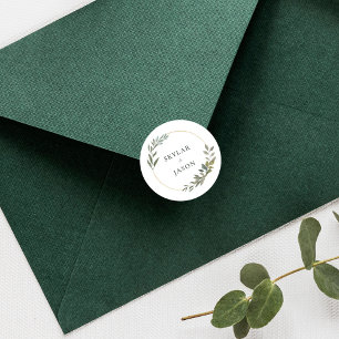 Minimal Leaf Greenery & Gold Geometric Circle Classic Round Sticker