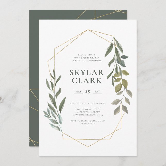 Minimal Leaf Greenery & Gold Geometric Terrarium Invitation (Front/Back)