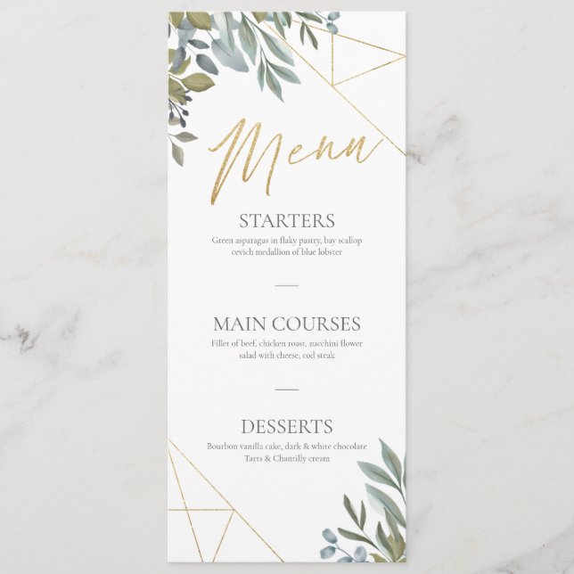 Minimal Leaf Greenery & Gold Geometric Terrarium Menu (Front)