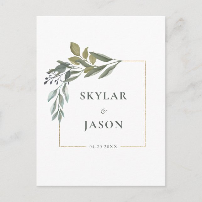 Minimal Leaf Greenery & Gold Geometric Terrarium Postcard (Front)