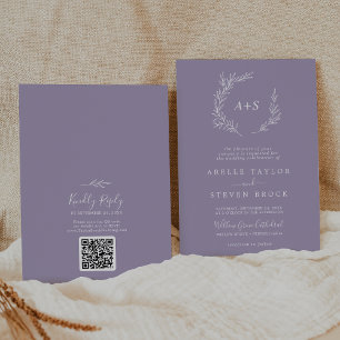 Minimal Leaf   Lavender Monogram QR Code Wedding Invitation