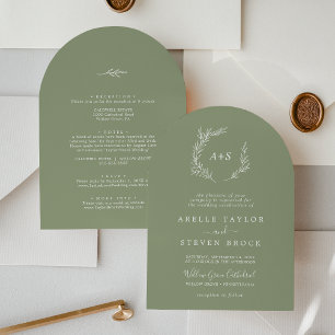 Minimal Leaf Light Sage Arch All In One Wedding Invitation
