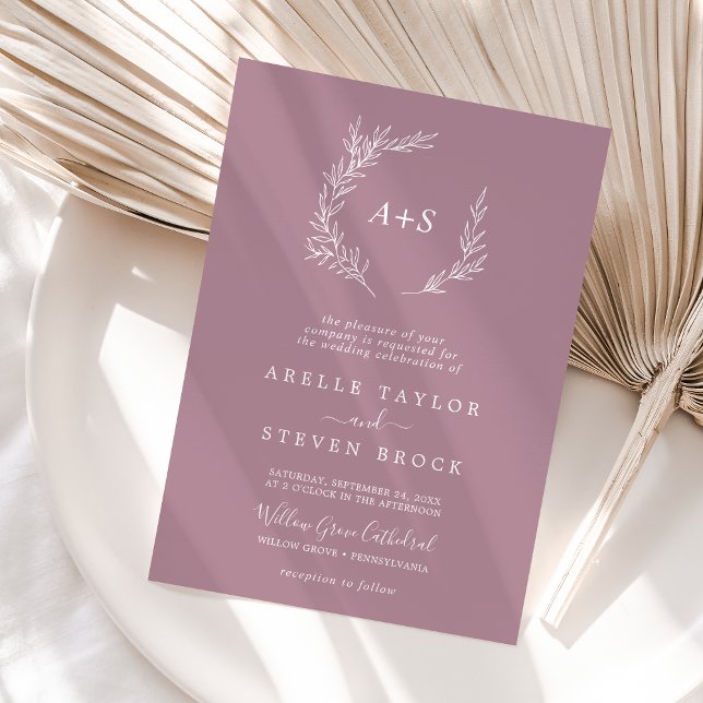Minimal Leaf | Mauve Formal Monogram Wedding Invitation (Creator Uploaded)