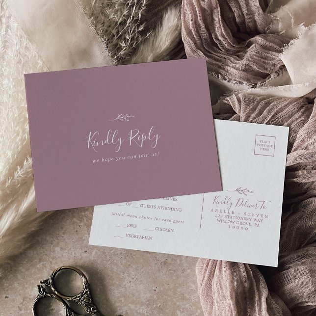 Minimal Leaf | Mauve Menu Choice RSVP Postcard (Creator Uploaded)