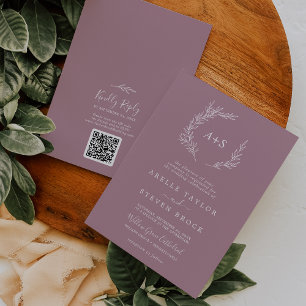 Minimal Leaf Mauve Monogram QR Code Wedding Invitation