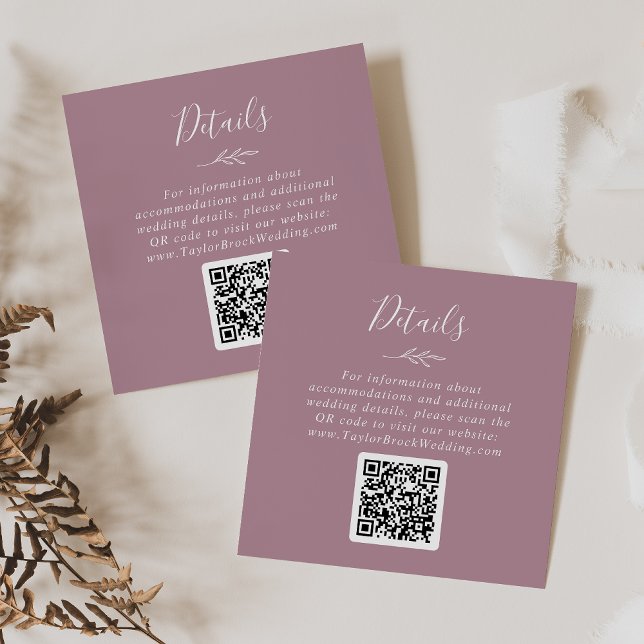 Minimal Leaf | Mauve QR Code Wedding Details Enclosure Card (Creator Uploaded)