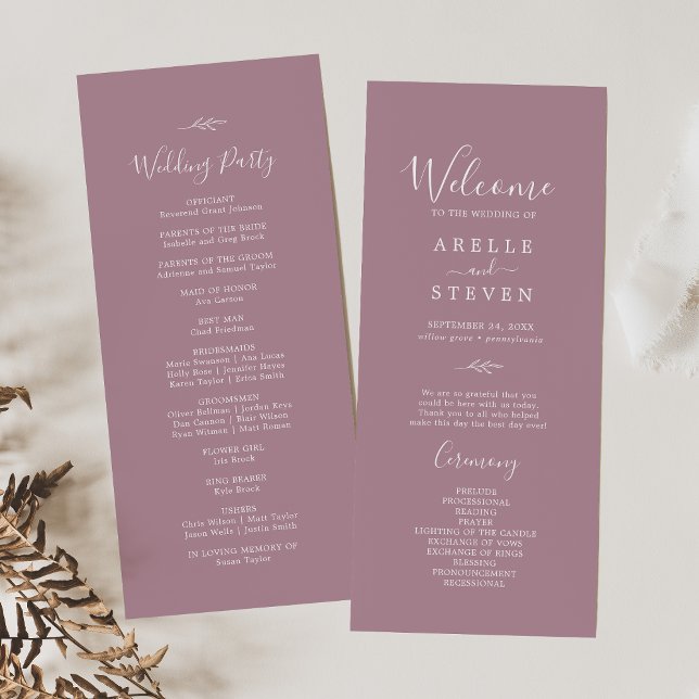 Minimal Leaf | Mauve Wedding Program Programme (Creator Uploaded)
