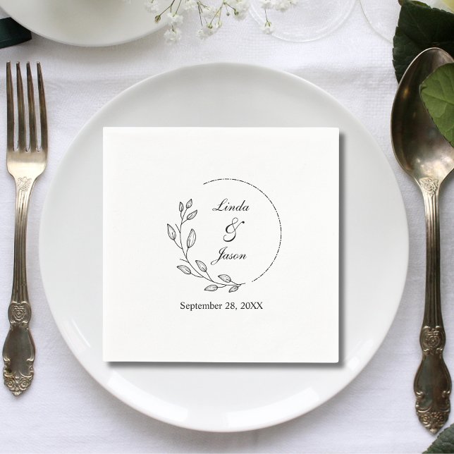 Minimal Leaf Modern Calligraphy Custom Wedding  Napkin (Creator Uploaded)