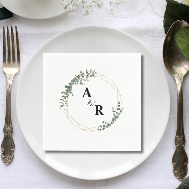 Minimal Leaf Monogram Custom Wedding Cocktail Napkin (Minimal leaf monogram custom wedding cocktail napkins add clean natural elegance to receptions.)
