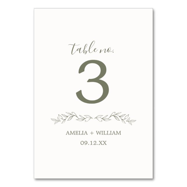 Minimal Leaf Monogram Wedding Table Number Card (Back)
