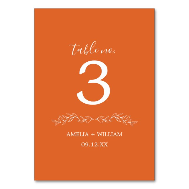 Minimal Leaf Monogram Wedding Table Number Card (Back)