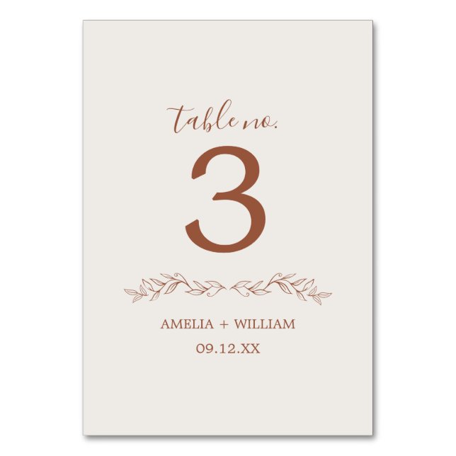 Minimal Leaf Monogram Wedding Table Number Card (Back)