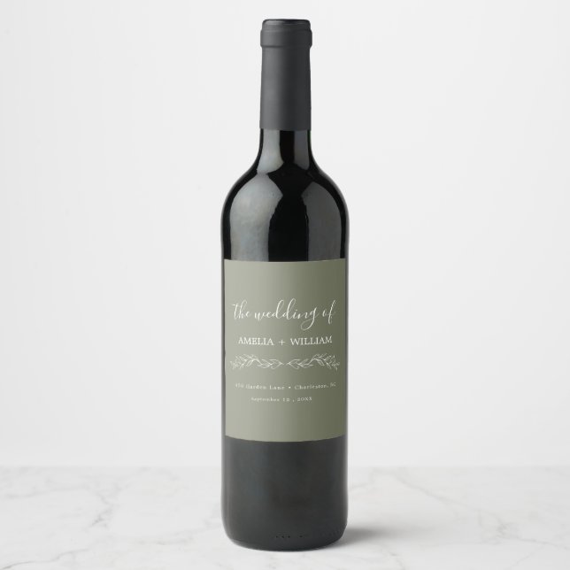 Minimal Leaf Monogram Wedding Wine Bottle Label (Front)