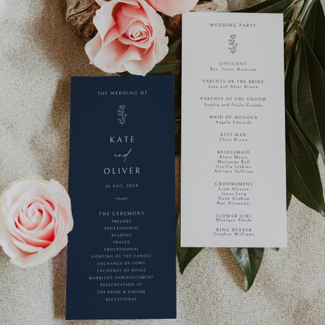 Minimal Leaf Navy Blue and White Wedding Program (Creator Uploaded)