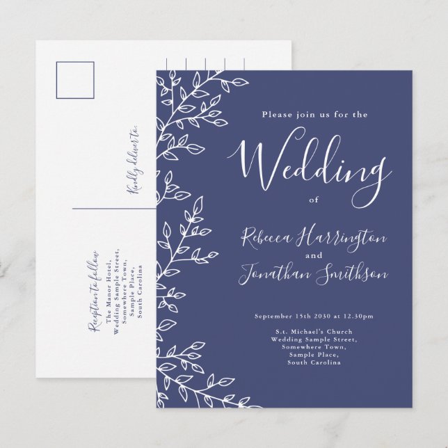 Minimal Leaf Navy Blue Wedding Invitation Postcard (Front/Back)
