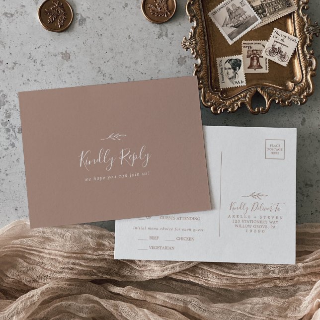 Minimal Leaf | Neutral Menu Choice RSVP Postcard (Creator Uploaded)