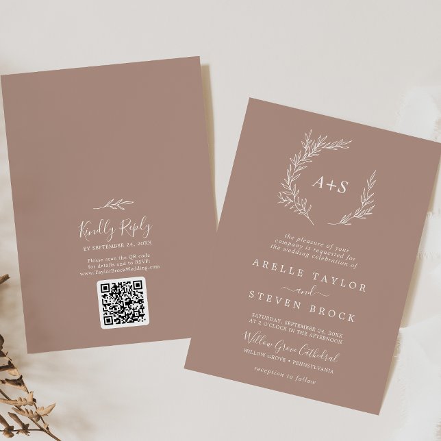 Minimal Leaf | Neutral Monogram QR Code Wedding Invitation (Creator Uploaded)