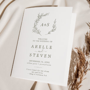 Minimal Leaf   Olive Green Folded Wedding Program Programme