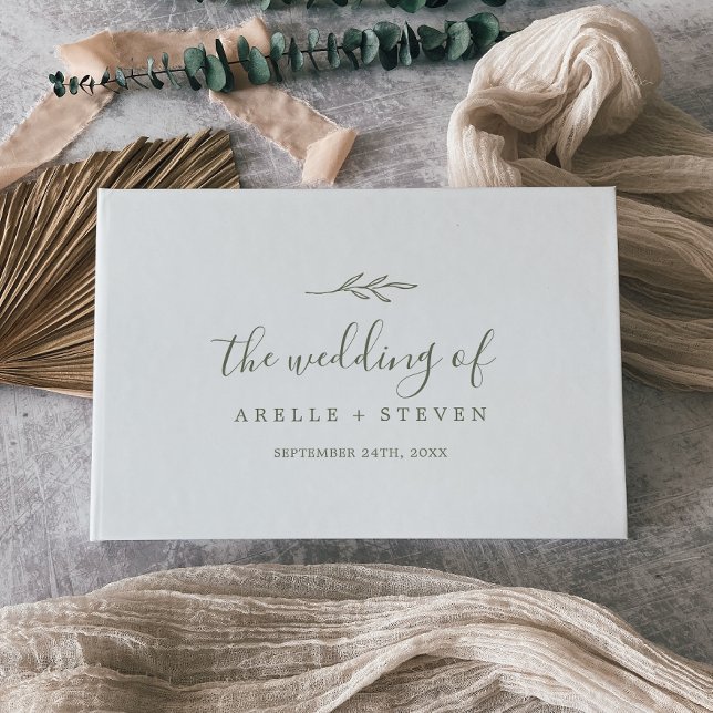 Minimal Leaf | Olive Green Monogram Back Wedding Guest Book (Creator Uploaded)