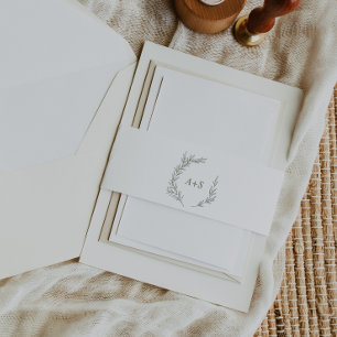 Minimal Leaf Olive Green Monogram Wedding Invitation Belly Band