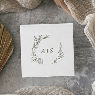 Minimal Leaf   Olive Green Monogram Wedding Napkin