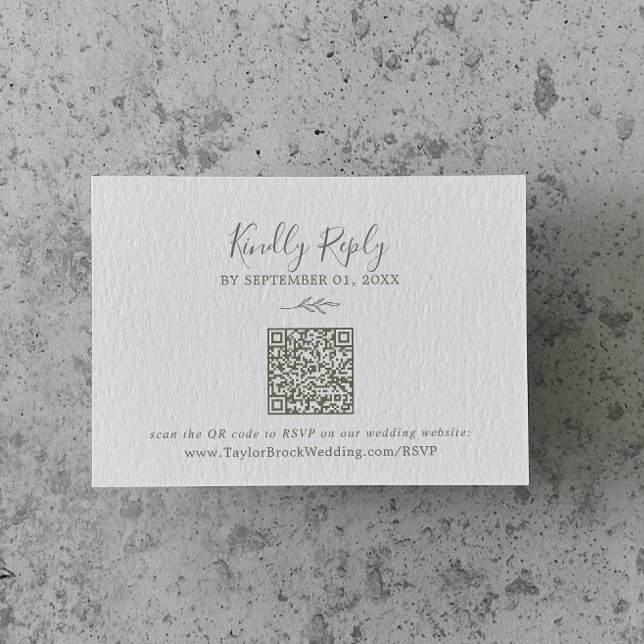Minimal Leaf | Olive Green QR Code Wedding RSVP Enclosure Card (Creator Uploaded)