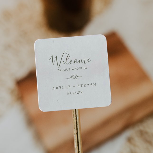 Minimal Leaf | Olive Green Wedding Welcome Square Sticker (Creator Uploaded)