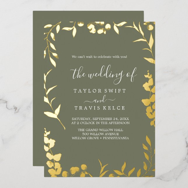 Minimal Leaf Plum Purple and Gold Foil Wedding  (Front/Back)