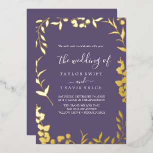 Minimal Leaf Plum Purple and Gold Foil Wedding 