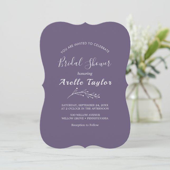 Minimal Leaf | Plum Purple Bridal Shower  Invitation (Standing Front)
