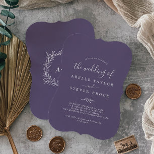 Minimal Leaf Plum Purple Monogram Back Wedding Invitation