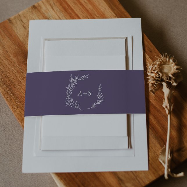 Minimal Leaf | Plum Purple Monogram Wedding Invitation Belly Band (Creator Uploaded)