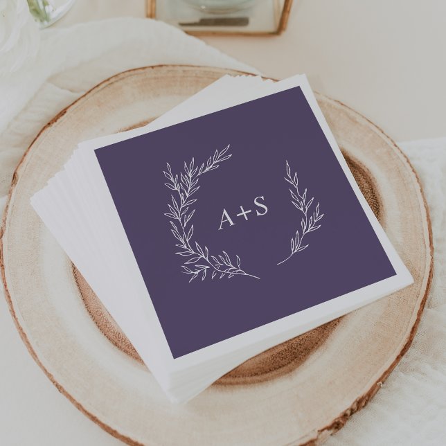 Minimal Leaf Plum Purple Monogram Wedding Napkins (Creator Uploaded)