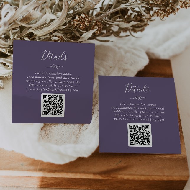 Minimal Leaf | Plum Purple QR Code Wedding Details Enclosure Card (Creator Uploaded)