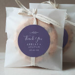 Minimal Leaf | Plum Purple Thank You Favour Sticke Classic Round Sticker<br><div class="desc">These minimal leaf plum purple thank you wedding favour stickers are perfect for a boho wedding reception. The jewel tone design features a simple greenery leaf silhouette in a dark blue violet purple with minimalist boho style. Personalise the sticker labels with your names, the event (if applicable), and the date....</div>