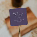 Minimal Leaf | Plum Purple Wedding Welcome Square Sticker<br><div class="desc">These minimal leaf plum purple wedding welcome stickers are perfect for a boho wedding. The jewel tone design features a simple greenery leaf silhouette in a dark blue violet purple with minimalist boho style. Personalise these stickers with the location of your wedding, names, and wedding date. These labels are perfect...</div>