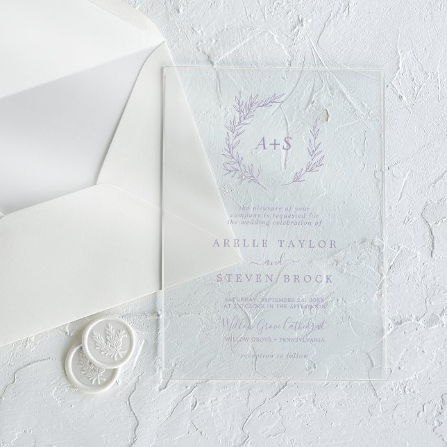 Minimal Leaf Purple Monogram Greenery Boho Wedding Acrylic Invitations (Minimal Leaf Purple Monogram Greenery Boho Wedding Acrylic Invitations)