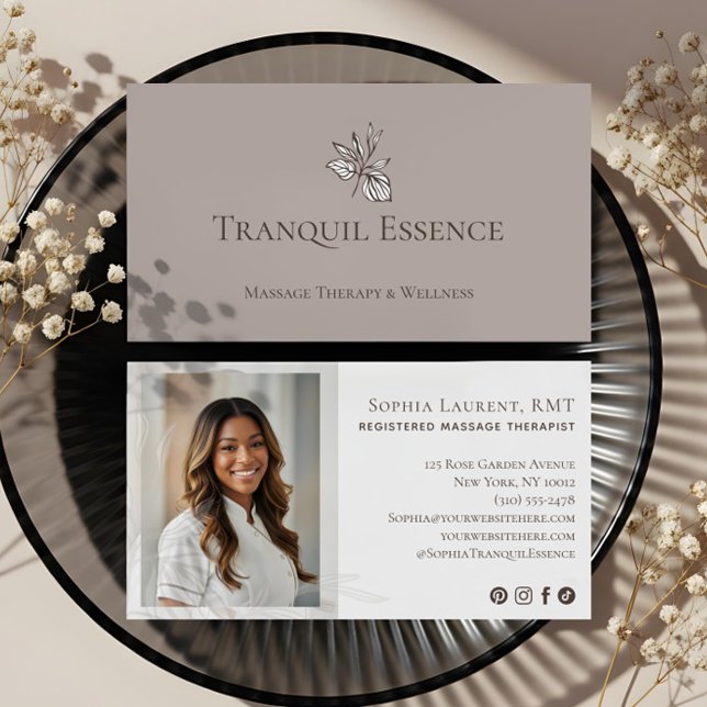 Minimal Leaf Registered Massage Therapist Photo  Business Card (Minimal Leaf Registered Massage Therapist Photo Business Card)