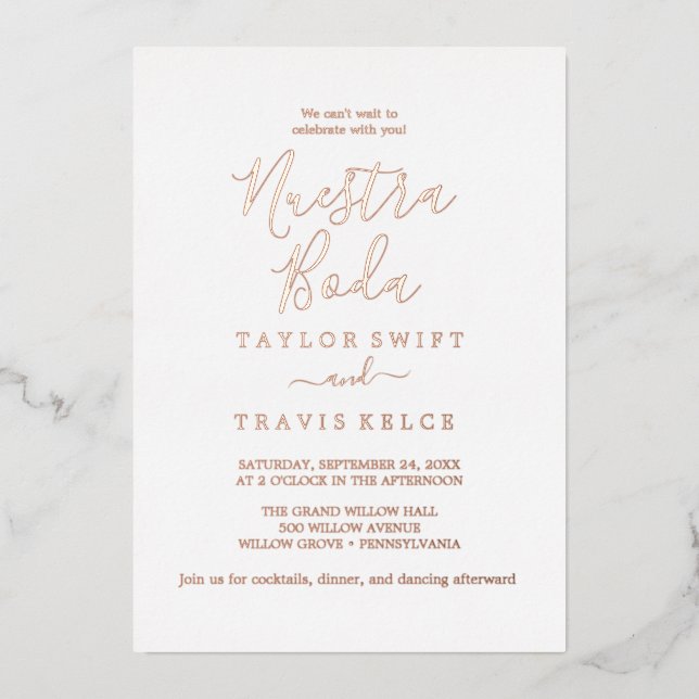 Minimal Leaf | Rose Gold Foil Nuestra Boda  (Front)