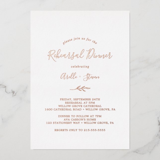 Minimal Leaf | Rose Gold Foil Rehearsal Dinner (Front)