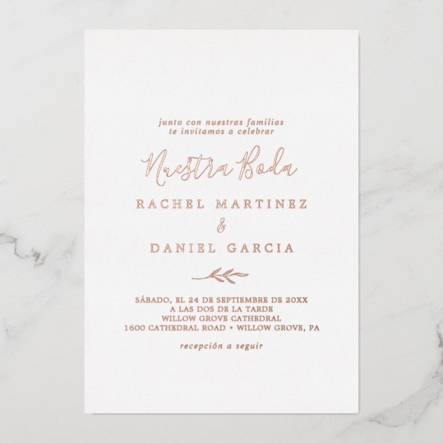Minimal Leaf | Rose Gold Foil Spanish Nuestra Boda (Front)