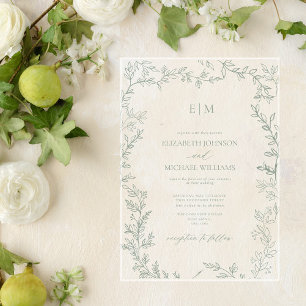 Minimal Leaf Sage Green Elegant Monogram Wedding Acrylic Invitations