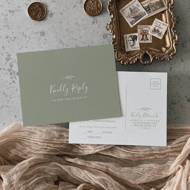 minimal-leaf-sage-green-menu-choice-rsvp-postcard-zazzle