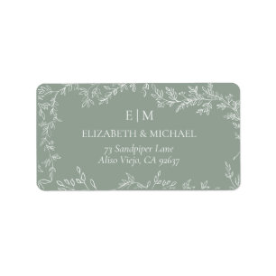 Minimal Leaf Sage Green Monogram Wedding Address Label