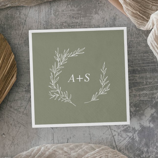 Minimal Leaf | Sage Green Monogram Wedding Napkin (Creator Uploaded)