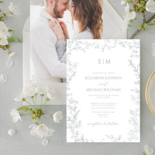 Minimal Leaf Sage Green Photo Monogram Wedding Invitation
