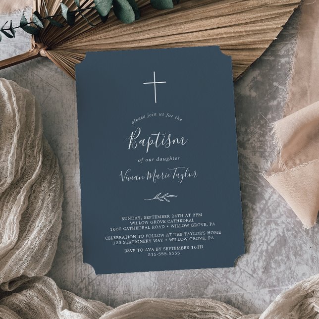 Minimal Leaf | Slate Blue Baptism Invitation (Creator Uploaded)