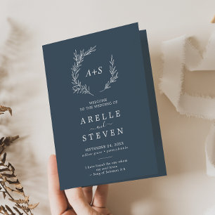 Minimal Leaf   Slate Blue Folded Wedding Programme