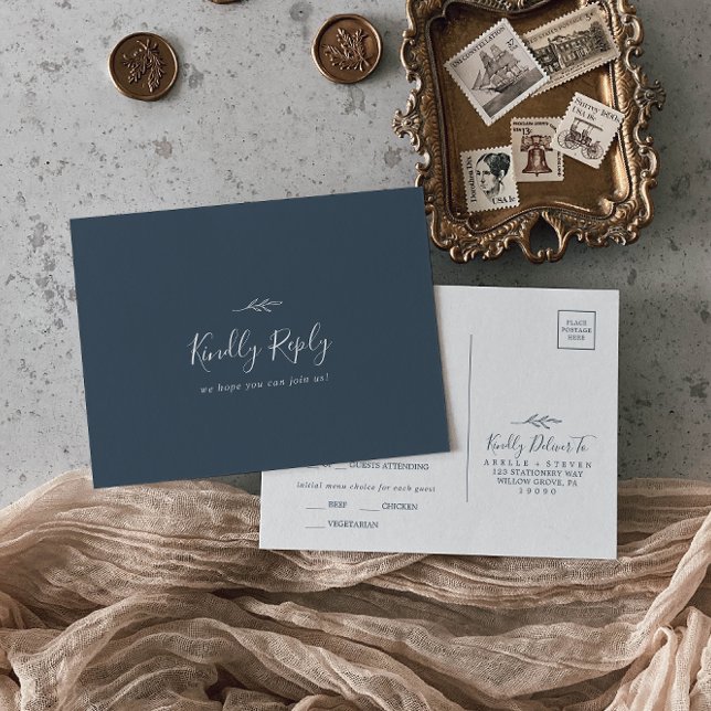 Minimal Leaf Slate Blue Menu Choice RSVP Postcard (Creator Uploaded)