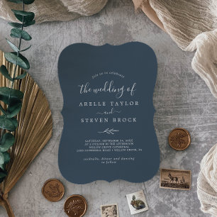 Minimal Leaf Slate Blue Monogram Back Wedding Invitation